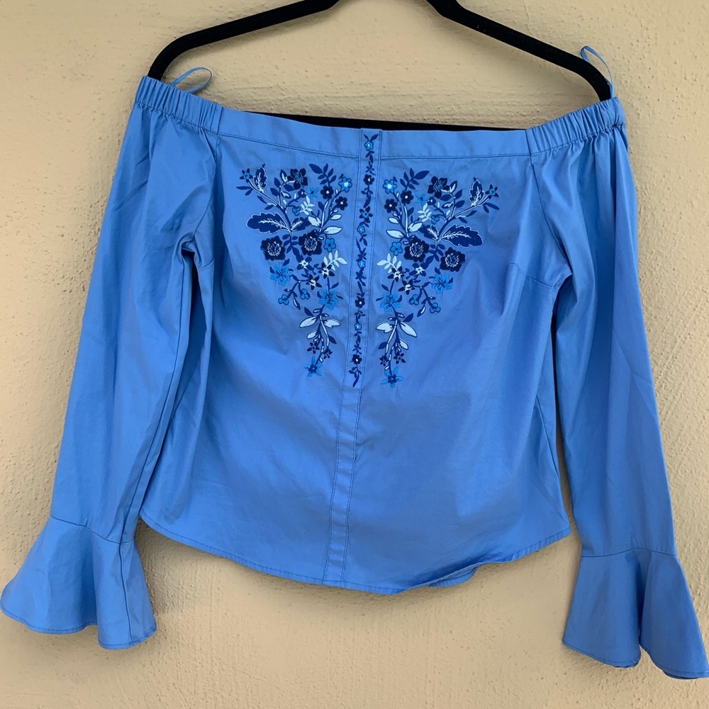 EXPRESS | Blue Ruffle Print Detail Blouse